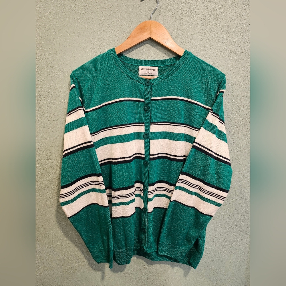 Alfred Dunner Button Up Teal and White Striped Cardigan Women's